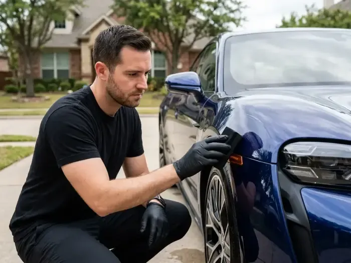 Technician applying ceramic coating to a blue vehicle panel