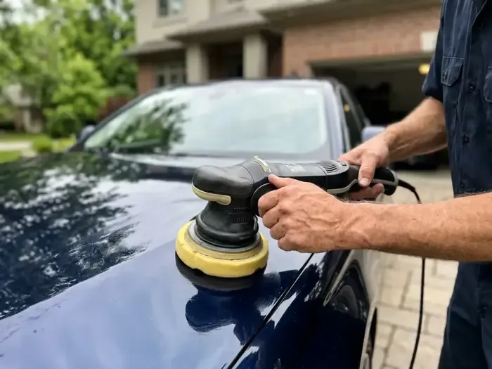 Machine polishing a hood during paint correction before ceramic coating