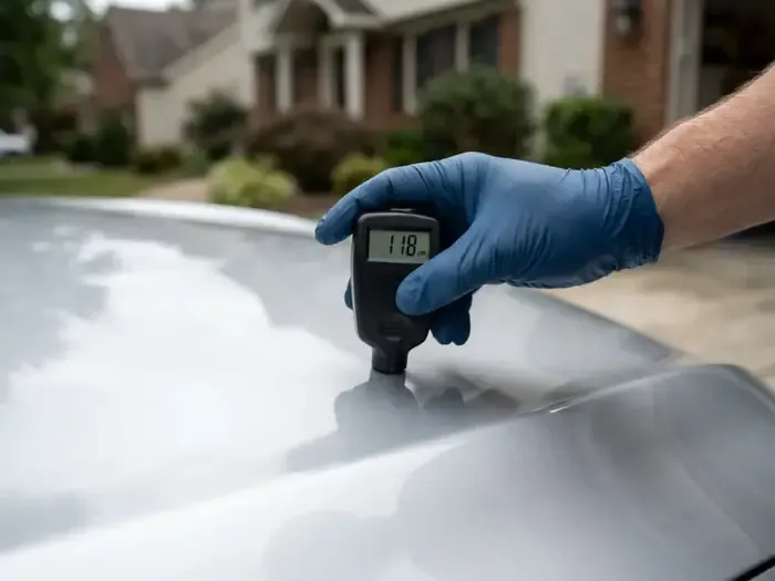Paint thickness gauge measuring a car panel before coating